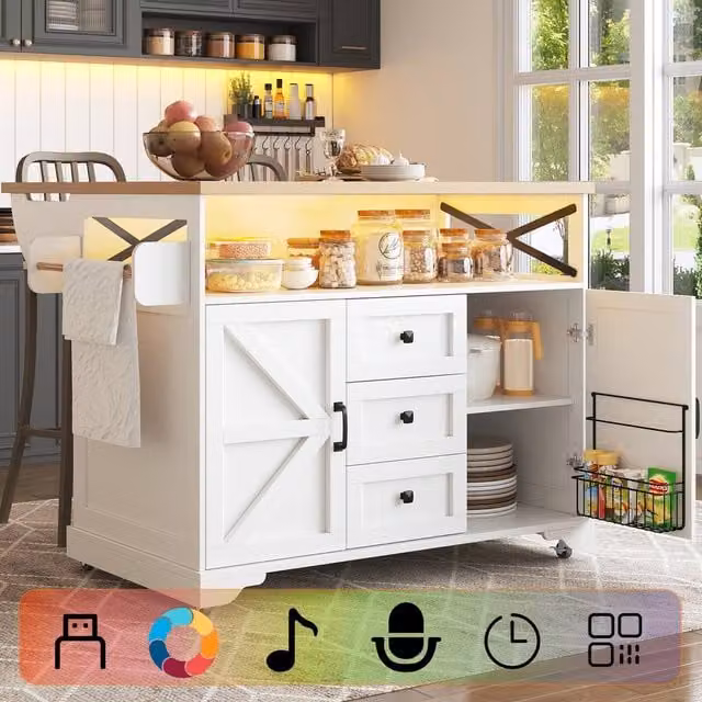 Matteo White Mobile Serving Cart Drop-Leaf Kitchen Island