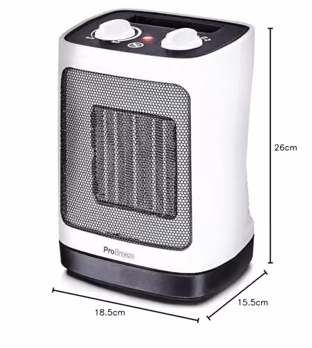 Pro Breeze 2000W Mini Ceramic Fan Heater in White with Thermostat, Overheat and Tilt Protection – 8