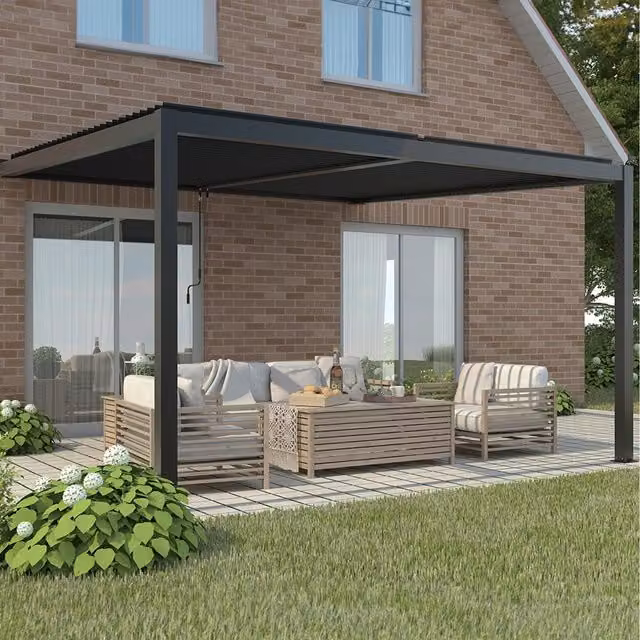 Primrose Living Anthracite Aluminium Wall Mounted Lean-to Veranda with Louvered Shutter Roof and Rain Gutter