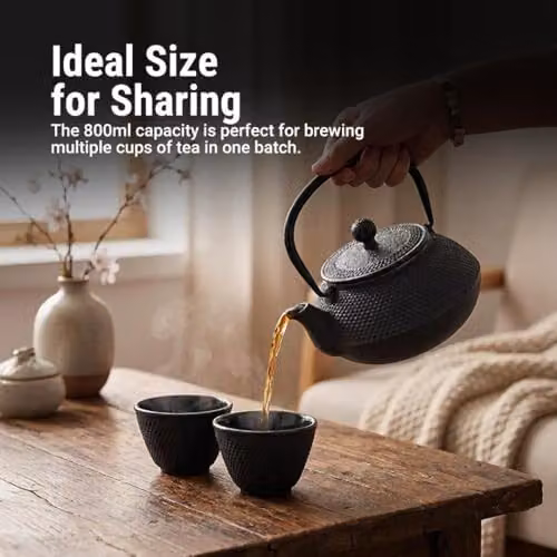 Gr8 Home 5 in 1 Cast Iron Japanese Style Teapot Set with Infuser, Cups and Trivet, Black, 800ml – 5
