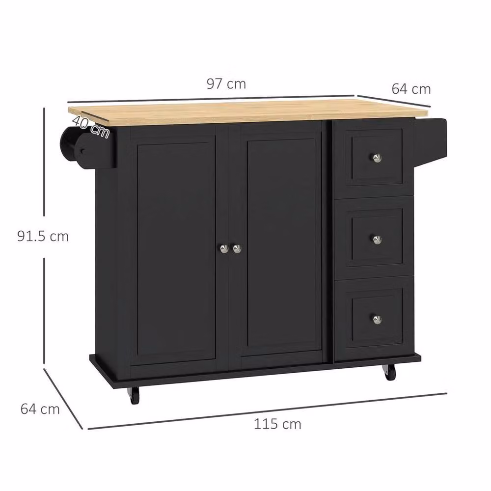 EONLION Black Kitchen Island on Wheels with Drop Leaf and Matt Finish, Width: 100 cm – 1