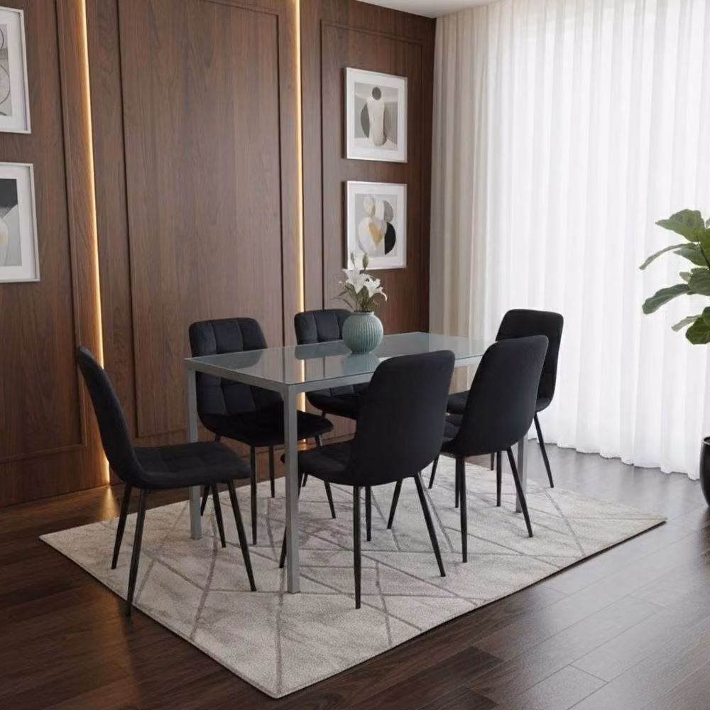 KOSY KOALA Grey Glass Dining Table and 6 Black Velvet Chairs Set, W/D/H: 120 x 70 x 75 cm – 2