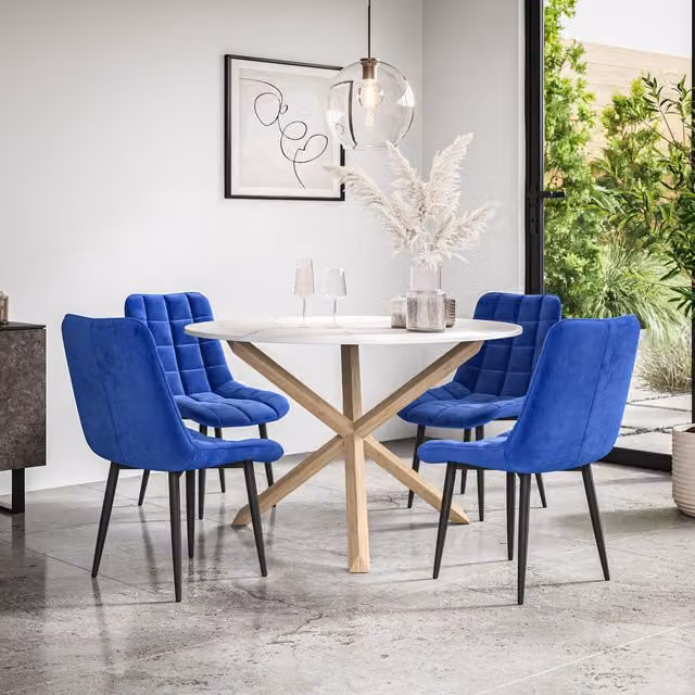 More4Homes Malvern Round Dining Table and 4 Blue Nova Velvet Chairs Set with White Marble Top and Solid Oak Legs, Diameter: 120 cm, Height: 75 cm