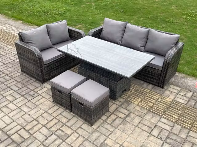 Fimous Outdoor Rattan Garden Furniture Set with Height Adjustable Dining Table and Love Sofa in Dark Grey