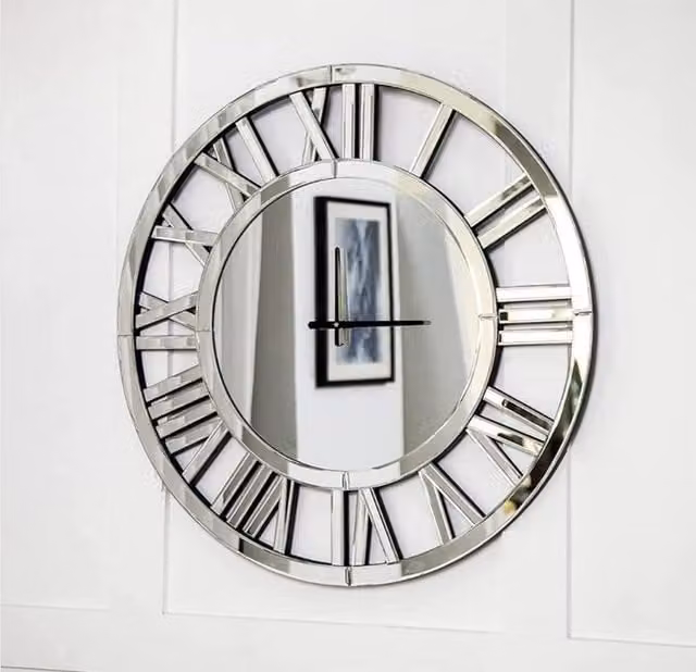 Biznest Large Round Mirrored Wall Clock in Silver, Diameter: 80 cm
