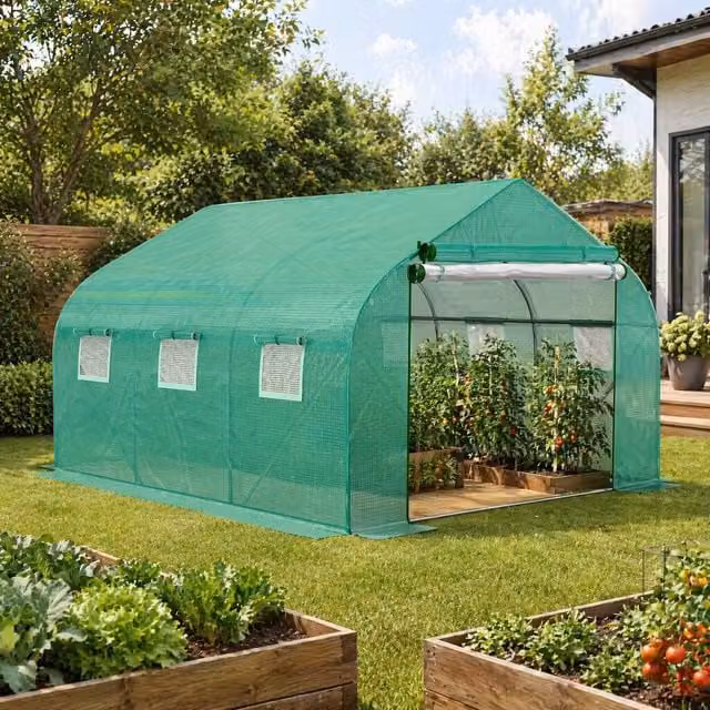 STILVORA Green Walk-in Polytunnel Greenhouse with 6 Windows and Metal Frame, W/D/H: 347 x 300 x 200 cm