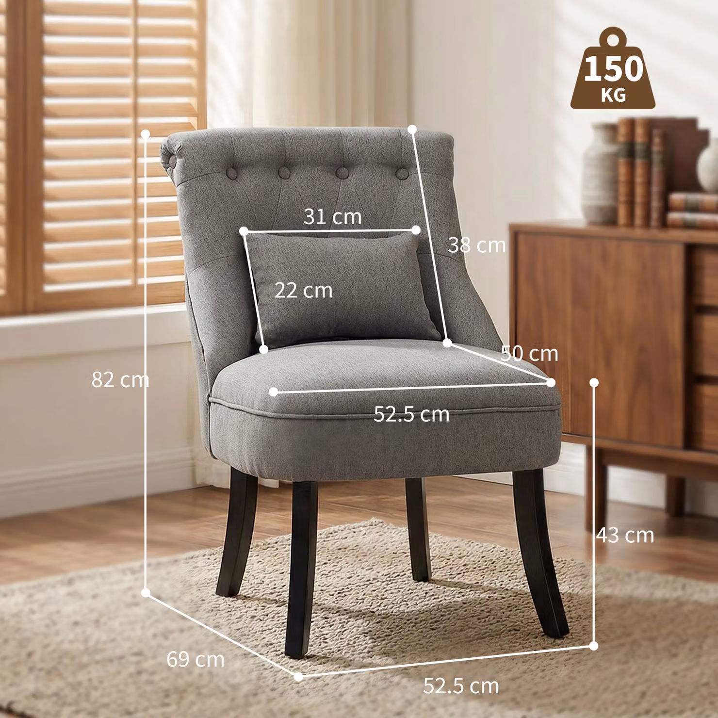 HOMCOM Charcoal Grey Fabric Tub Chair with Armrests and Pillow and Solid Wood Legs – 3