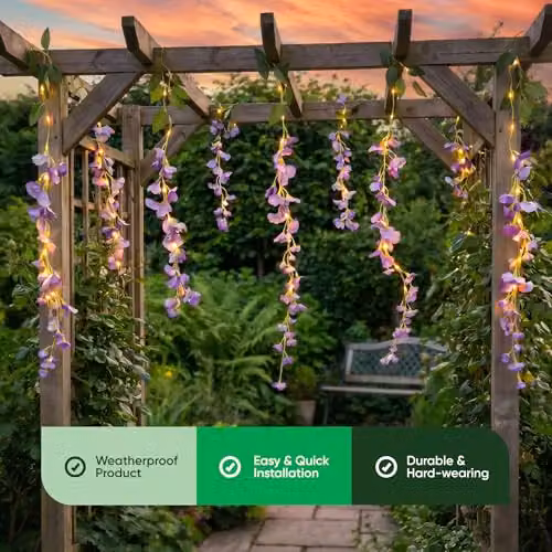 Gardenwize Solar Powered Purple Wisteria LED Hanging String Lights with IP44 Waterproof Rating – 6