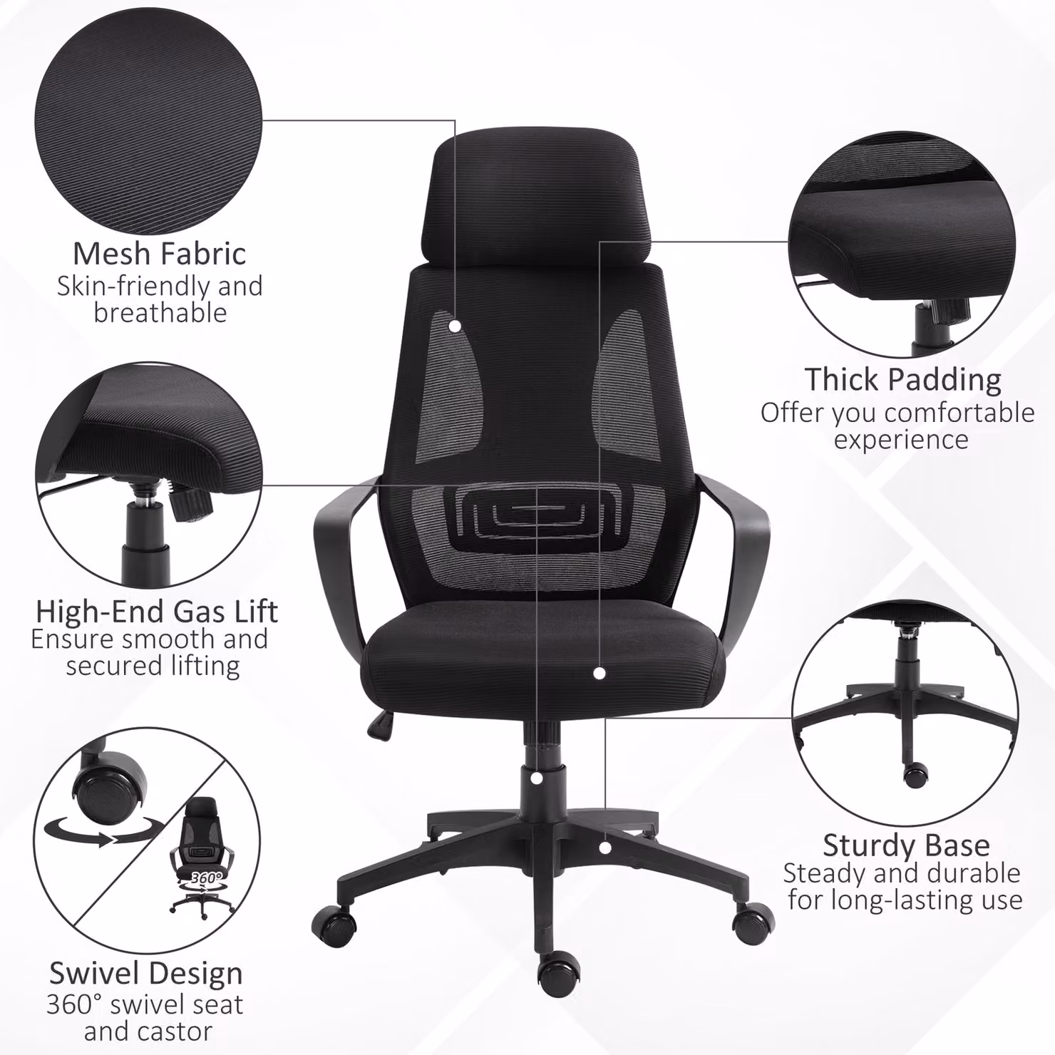 Vinsetto Ergonomic High Back Office Chair with Headrest and Lumbar Support, Black Fabric – 5