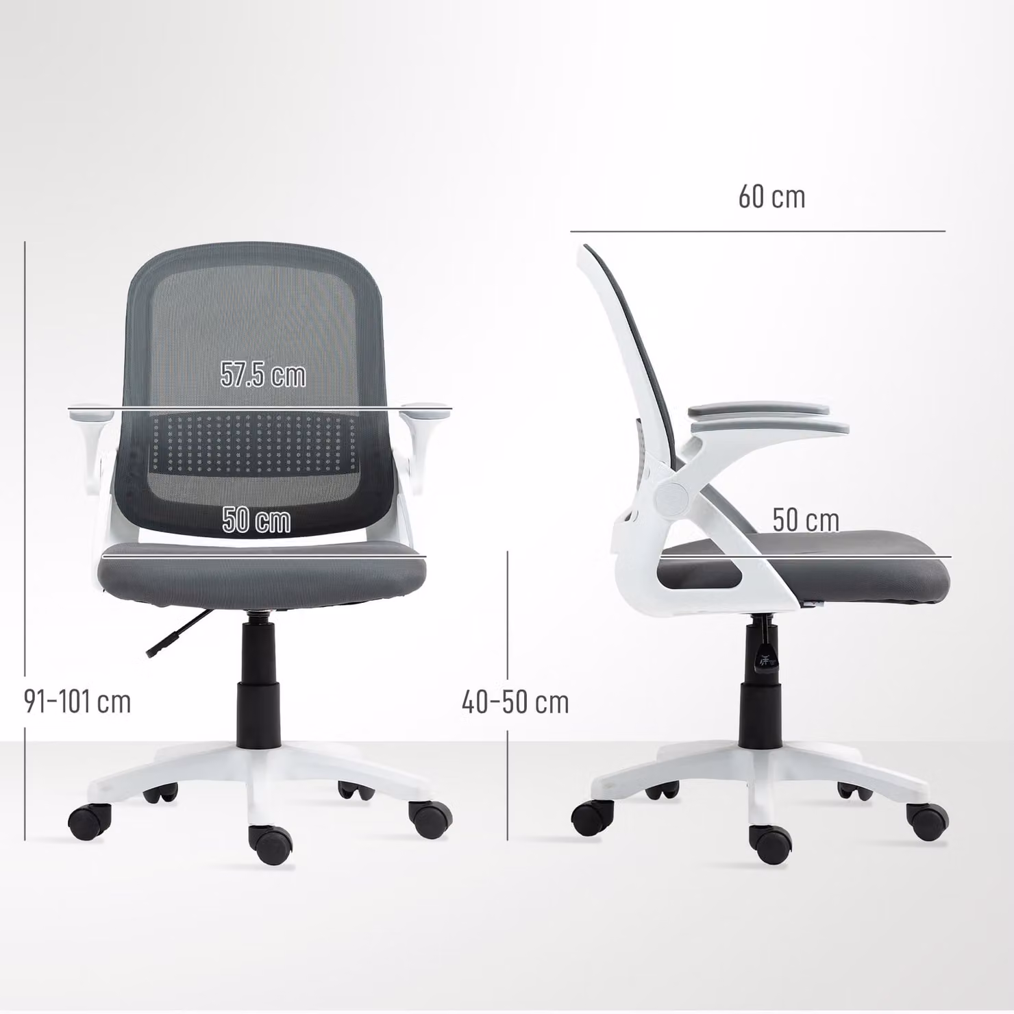 HOMCOM Ergonomic Grey Fabric Mesh Office Chair with Flip-up Armrests and 360 Degree Swivel – 3