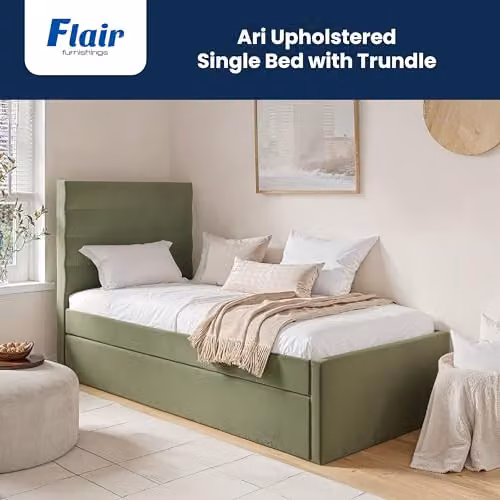 Flair Ari Upholstered Single Bed with Trundle in Green Velvet and Beige Bouclé, W/D/H: 90 x 190 cm – 2