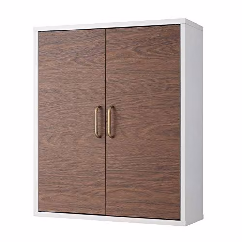 Teamson Home Wall Mounted Wooden Bathroom Medicine Cabinet with Two Hinged Doors and Internal Shelf, Brown and White – 2