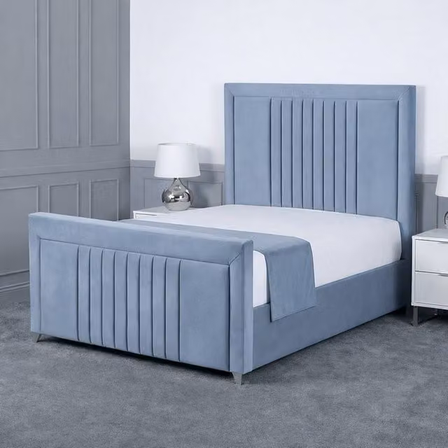 Living Comfort Bedz Celeste King Size Upholstered Gas Lift Storage Bed in Light Blue Velvet