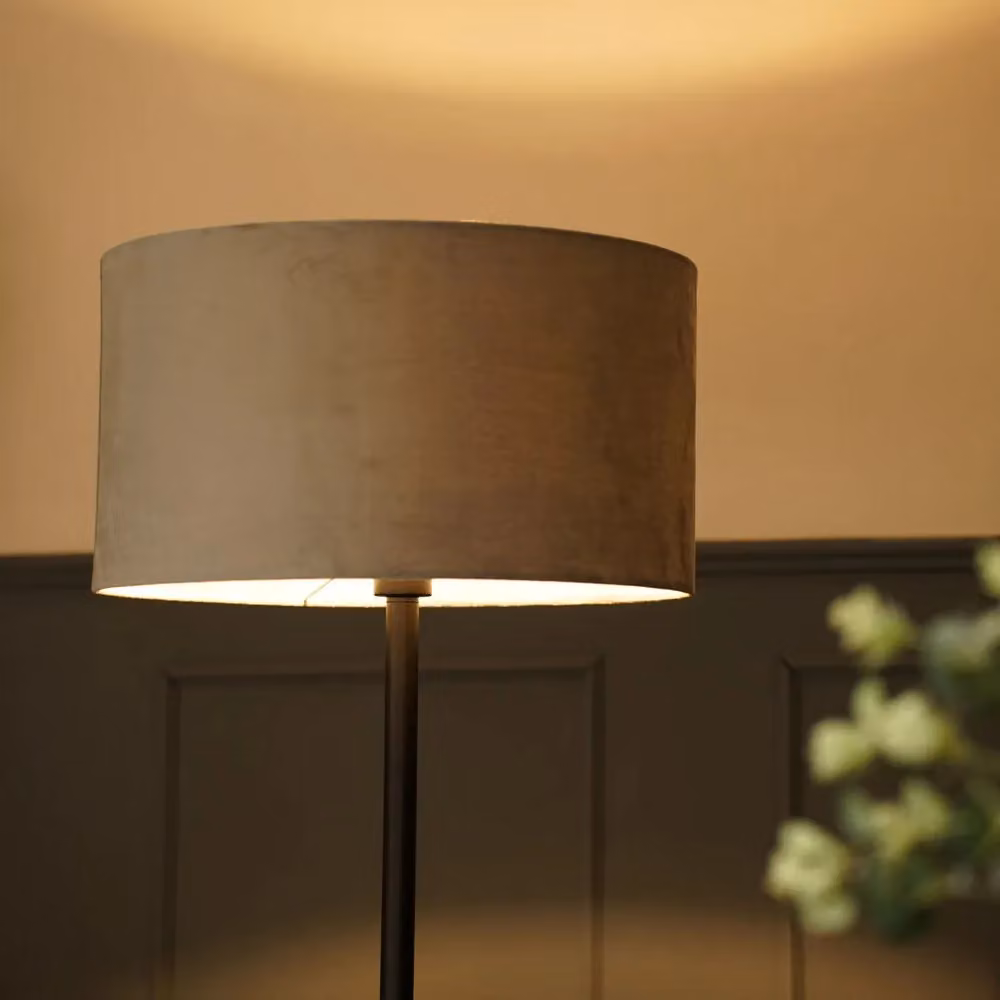 ValueLights Charlie Black Stem Floor Lamp with Grey Velvet Fabric Shade – 3