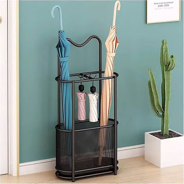 EONLION Black Metal Umbrella Stand Holder and Entryway Storage Rack with Removable Tray, H: 50 cm, W: 30 cm, D: 15 cm – 1