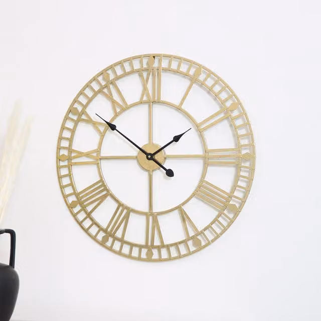 Melody Maison Gold Metal Skeleton Round Wall Clock, W: 60 cm, H: 60 cm