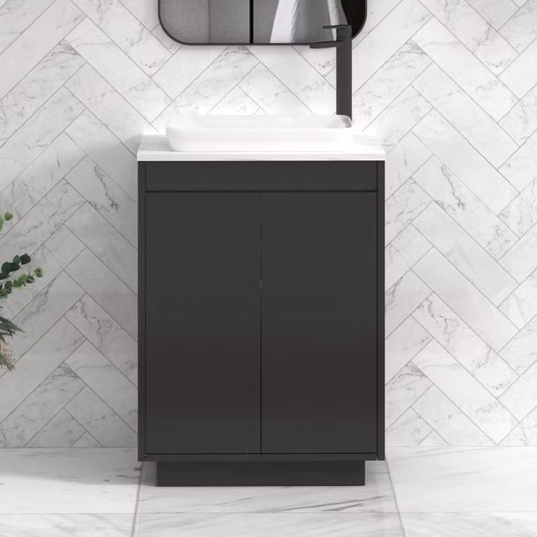 Royal Bathrooms Orion 600mm Matt Obsidian Black Floor Standing 2 Door Vanity Unit with Qubix Basin and Black Accent Trim