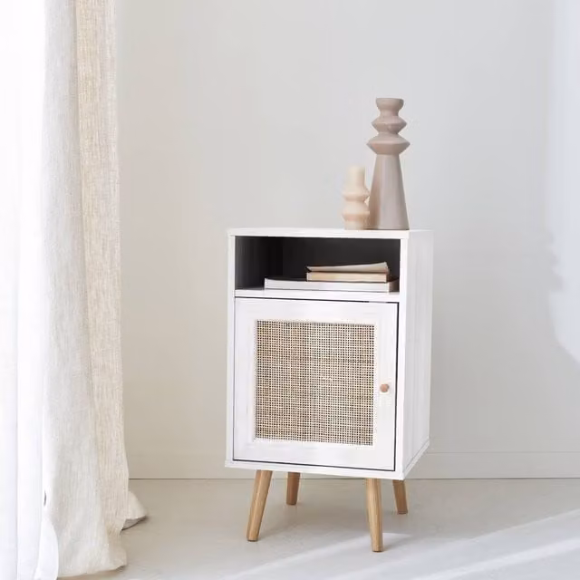 sweeek Scandi-style Bedside Table with Drawer in White with Rattan Detail