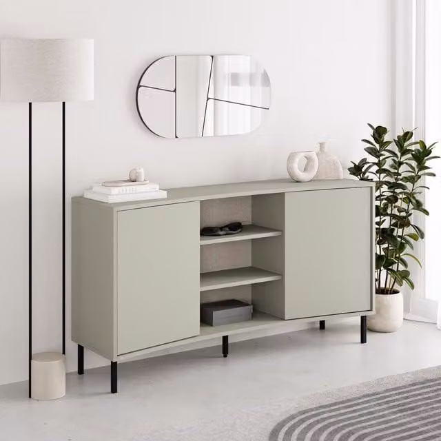 FWStyle Ash Green Curved 2 Door Sideboard with Black Metal Legs W: 150 cm, H: 81 cm, D: 40 cm