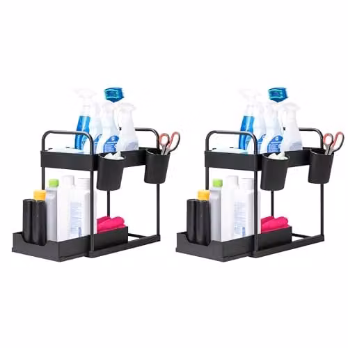 Innoteck 2-Tier Under Sink Organiser with 4 Hooks and 2 Cups, Black, H: 40 cm, L: 39 cm, D: 30 cm (Pack of 2) – 1