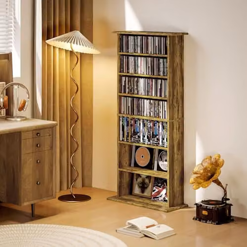 HOMCOM Rustic Brown Media Storage Unit with 6 Adjustable Shelves for Living Room, Bedroom or Home Office – 6