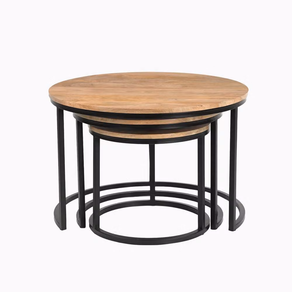 FurnitureboxUK Andes Set of 3 Round Nesting Coffee Tables in Light Oak and Black Wood and Metal – 2