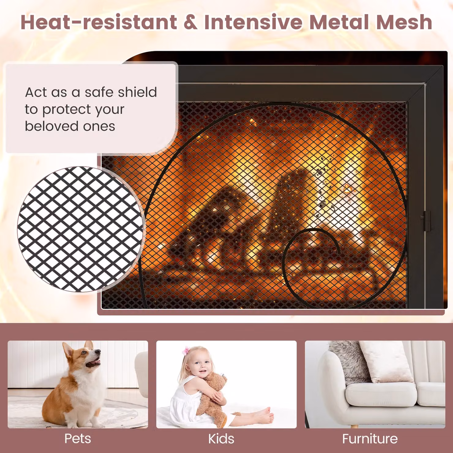 Costway Black Metal Freestanding Mesh Fireplace Spark Guard, W: 96 cm, H: 78 cm – 3