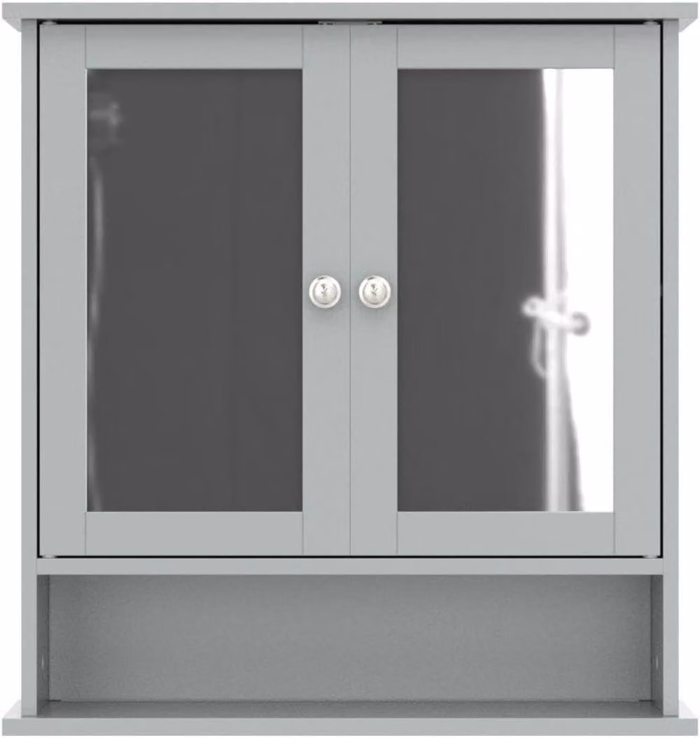 SAXONY Grey Wall Mounted Bathroom Mirrored Cabinet with Internal Shelves and Open Shelf, W/D/H: 58 x 13 x 56 cm – 2