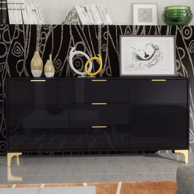 Mex Furniture LTD Lux High Gloss Sideboard in Black and Gold, W: 140 cm, H: 80 cm, D: 35 cm