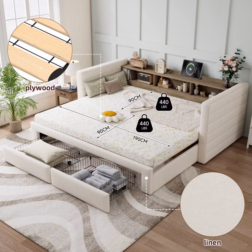 Merax 3ft Single Upholstered Daybed with Pull-Out Trundle and Storage Drawers in Beige, W/D/H: 90 x 190 x 77 cm – 4