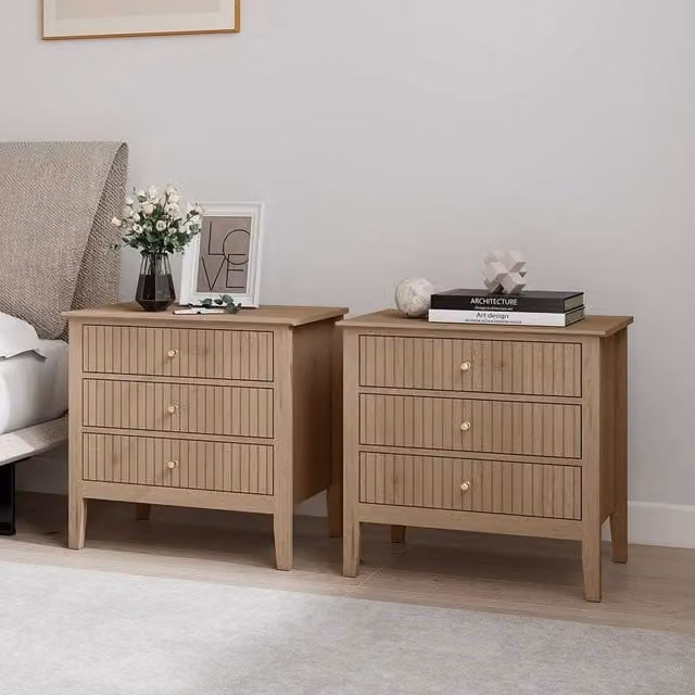 Melody Maison Pair of Large 3 Drawer Bedside Tables in Light Brown Hales Pale Wood Range