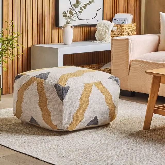 Wyld and Coco Hand-Knitted Wool Pouffe in Beige and Yellow – 1