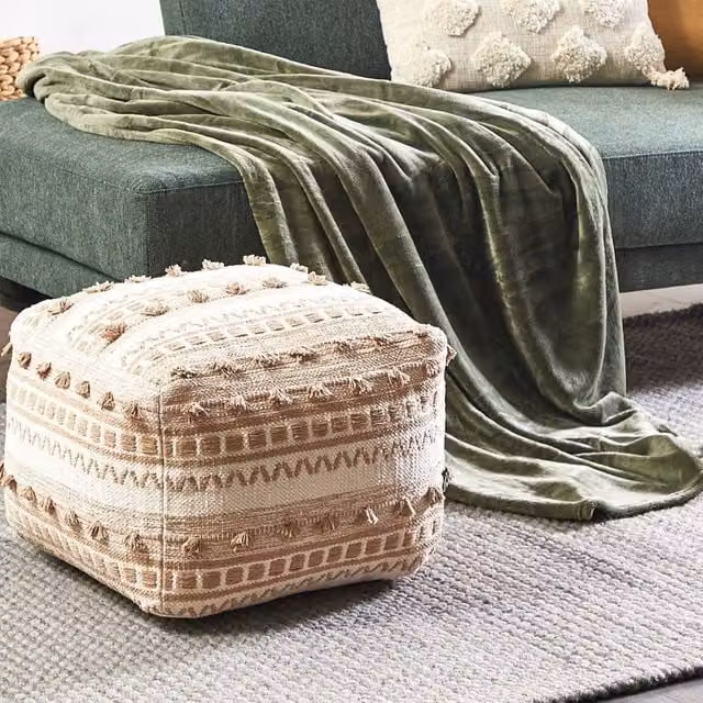 Wyld and Coco Boho Cotton Pouffe in Beige, W/D/H: 50 x 50 x 35 cm – 1