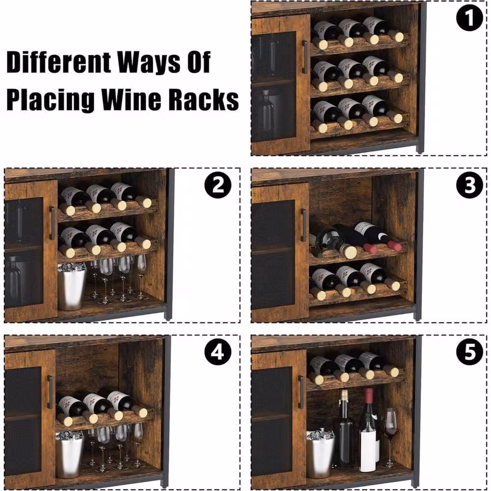 VOGREX Brown Industrial Wine Bar Rack Cabinet with Detachable Storage and Glass Holder – 3