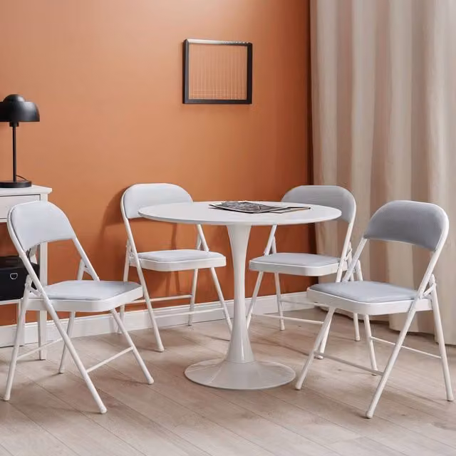 Wyld and Coco Set of 4 Folding Chairs with Light Grey Padded Fabric Seats and White Powder Coated Metal Frames