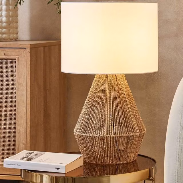 Wyld and Coco Natural Paper Rope Table Lamp with White Fabric Shade in Brown