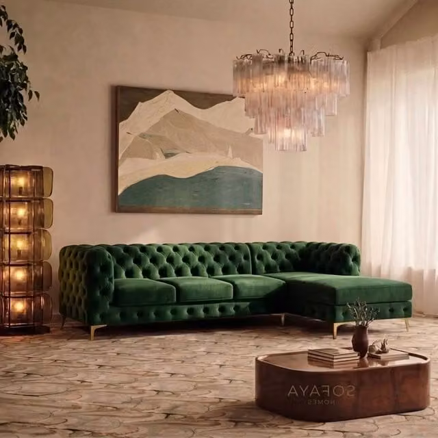 Sofaya Monaco Chesterfield 4 Seater L-Shaped Sofa in Green Velvet with Right Hand Facing Chaise