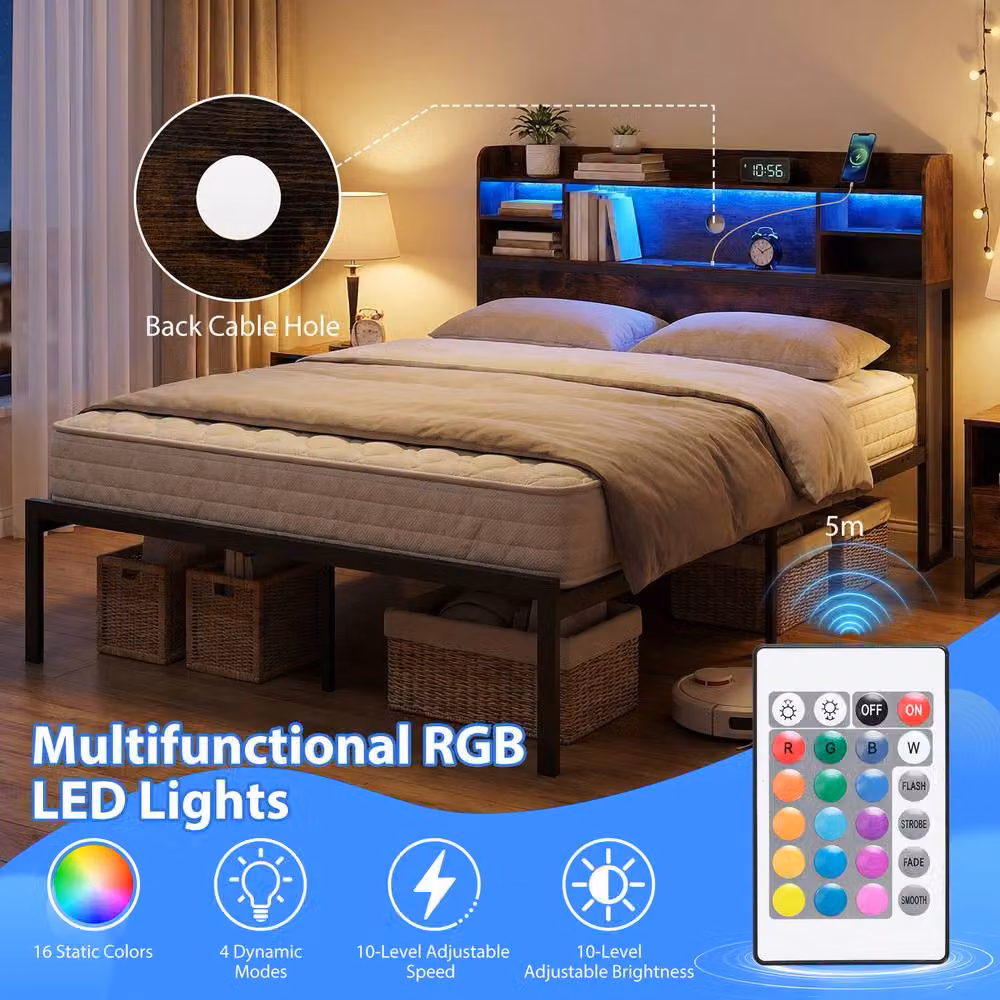 Costway King Size Metal Bed Frame in Brown with LED Lights, USB Charging Port and Side Compartments, W/D/H: 180 x 200 cm – 5