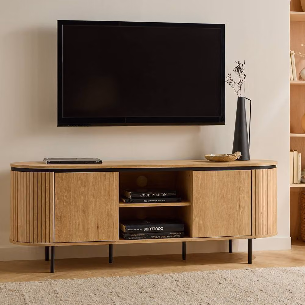 CALICOSY Malaga 2-Door TV Stand with Grooved-Effect Sides in Light Brown, W/D/H: 150 x 40 x 55 cm – 2