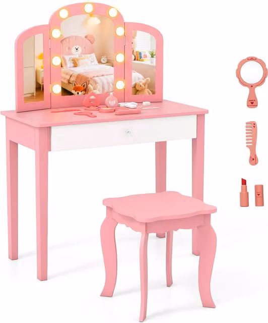 Costway 2-in-1 Toddler Vanity Table and Stool Set, Pink