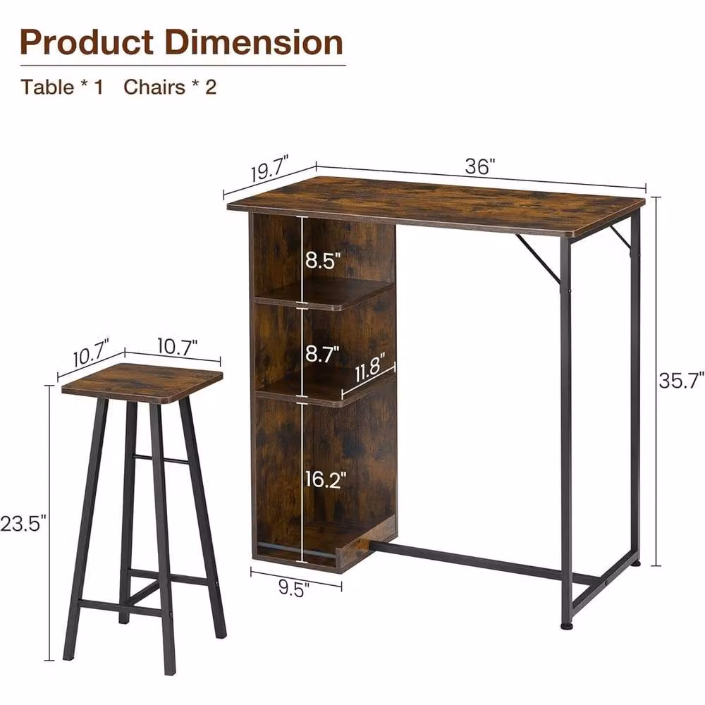 VOGREX 3-Piece Dining Table Set with 2 Stools and Storage Shelves in Brown – 2