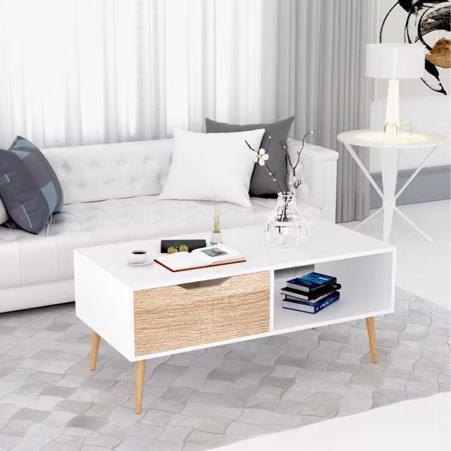 Gr8 Home Scandinavian White Oak Rectangular Coffee Table with Storage Drawer