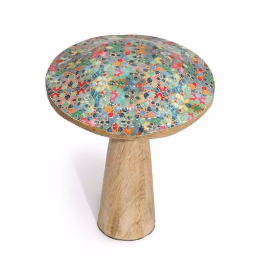 Serenityy Medium Wooden Garden Mushroom with Multicolour Mediterranean Geometric Tile Pattern – 1