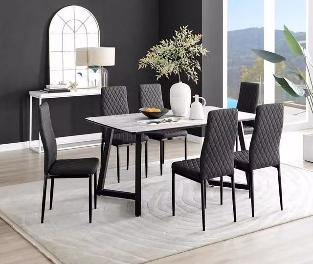 FurnitureboxUK Carson White Marble Effect Dining Table and 6 Milan Black Leg Chairs