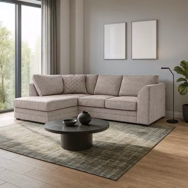 Furnishings For Less UK Quilted Chenille Fabric 3 to 4 Seater L Shaped Corner Sofa, Left Hand Facing, Beige – 1
