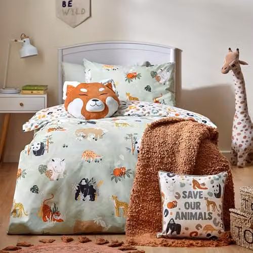 Little Furn Safari Animals Reversible Cotton Duvet Cover Set, Multicolour and Green, W/D/H: 137 x 200 cm – 1
