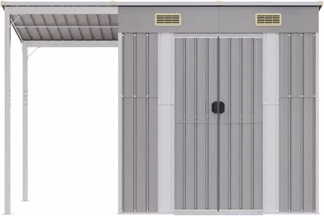 Berkfield Home Modern Pent Garden Shed in Light Grey with Extended Roof, Window and Roof Vent, W/D/H: 277 x 110.5 x 181 cm