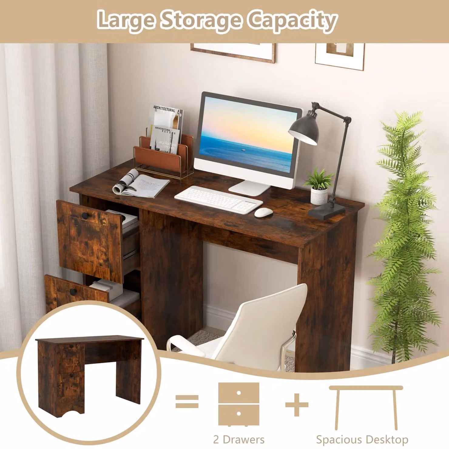 Costway Computer Desk for Home Office and Study with 2 Drawers, Brown – 3