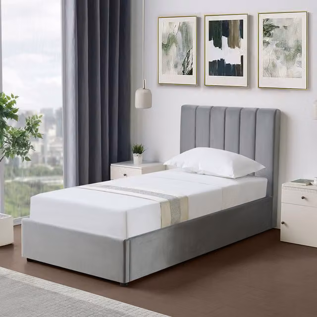 Artemis Home Corwin Grey Velvet Upholstered Ottoman Storage Bed Frame, W/D/H: 90 x 200 cm