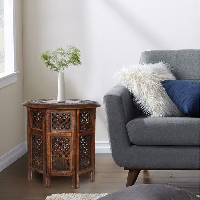 Topfurnishing Round Carved Wooden Coffee Bedside End Table in Brown, Diameter: 54 cm